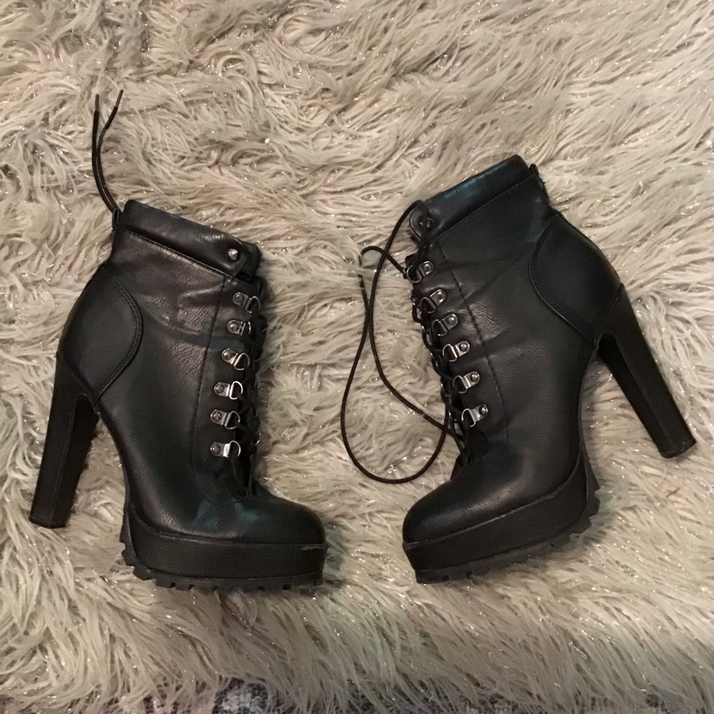 Black Leather High Heel Ankle Boots